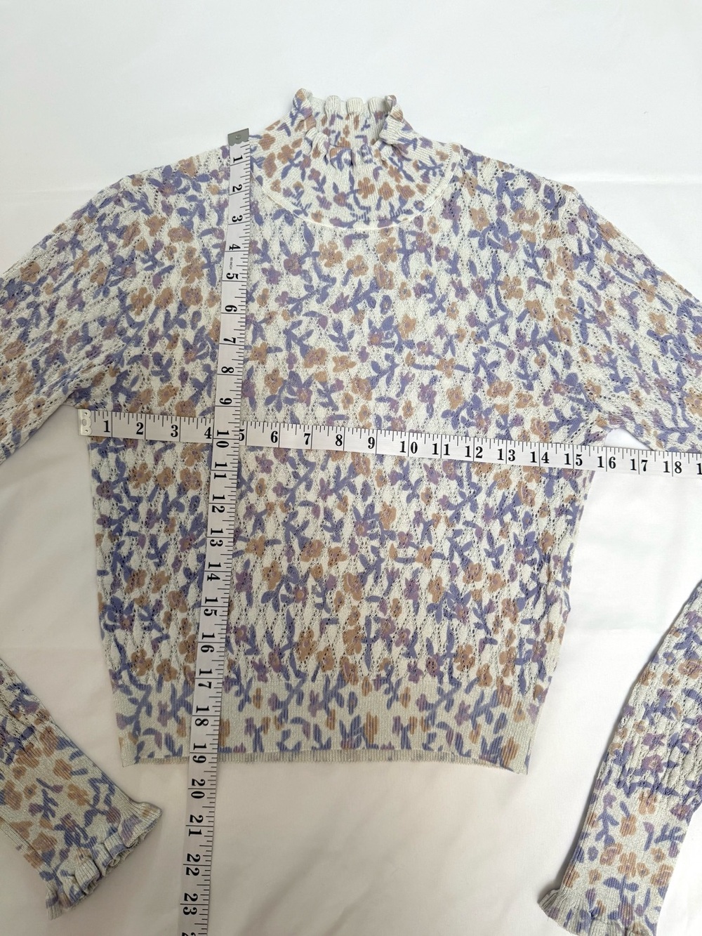Zara Fine Knit Top Floral Print Mock Neck Ruffle Long Sleeve Sweater Cottagecore - Picture 9 of 12